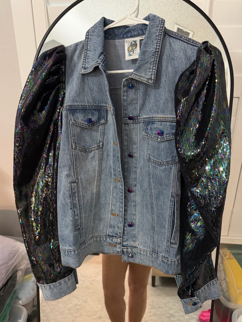 QUEEN OF SPARKLES Denim Jean Jacket with Iridescent Sequin Puff Sleeves